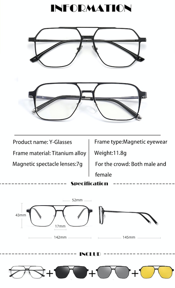 Y-Glasses：Magnetic multi-functional ultra-light titanium frame anti-blue light night vision color-changing 3D glasses